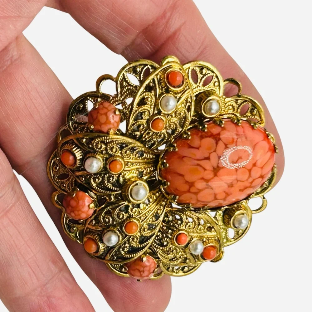 Fabulous Coral Art Glass and Faux Pearl W.German Brooch